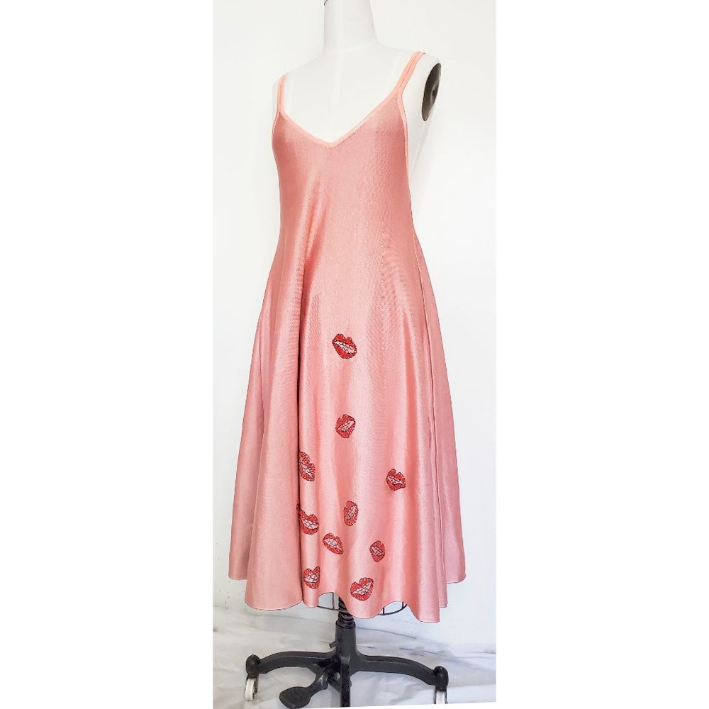 JIMI ROOS Women's RARE Pink Knit Fit and Flare Dress Whimsical Red Lips S/M - Picture 11 of 15